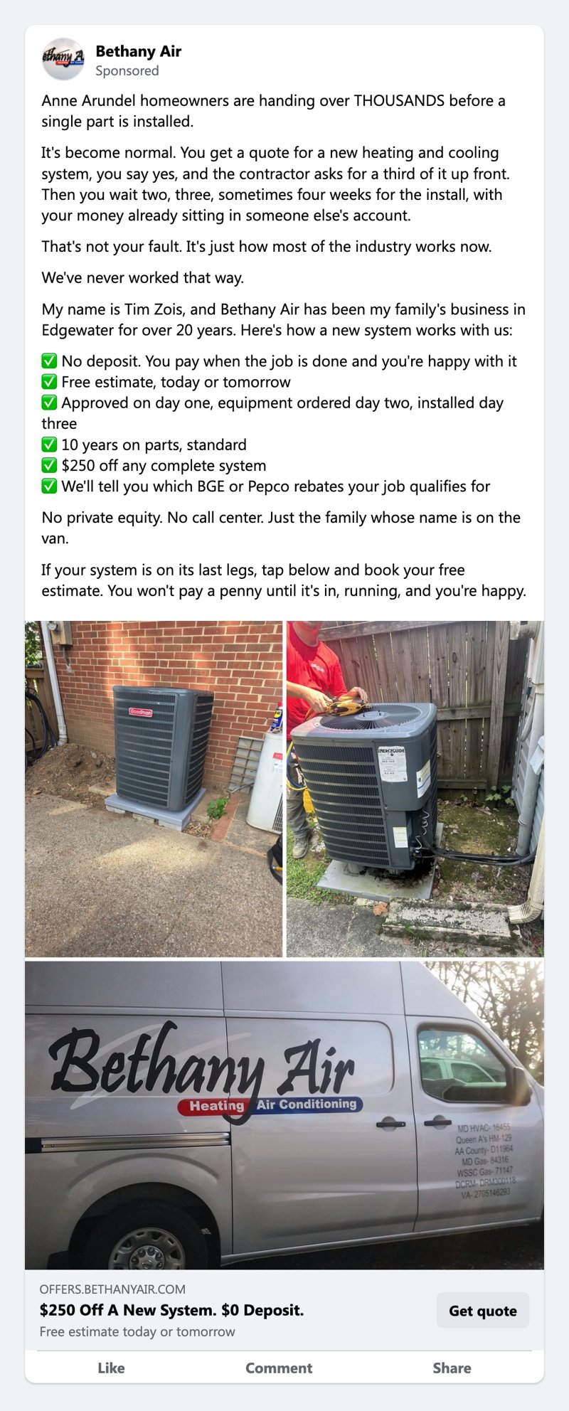 Facebook ad for Bethany Air