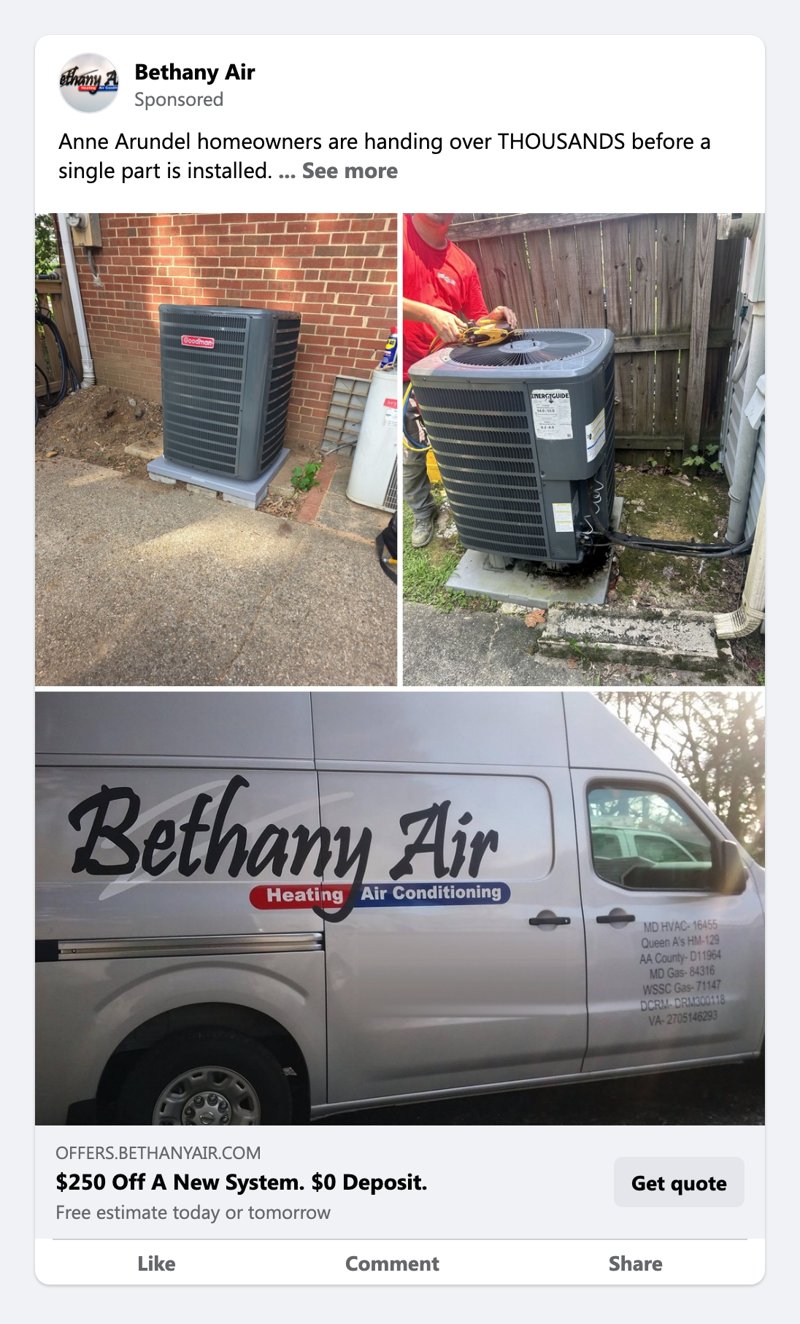 Facebook ad for Bethany Air