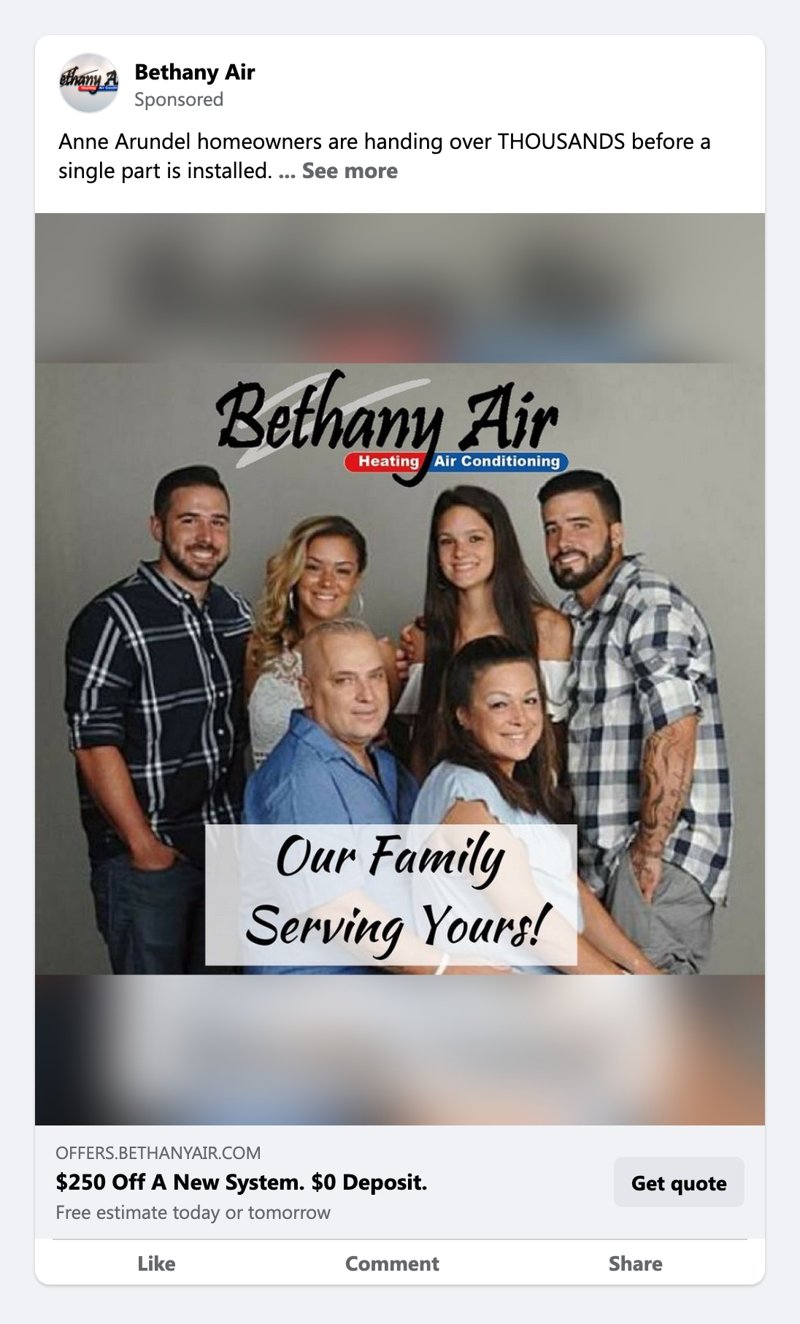 Facebook ad for Bethany Air