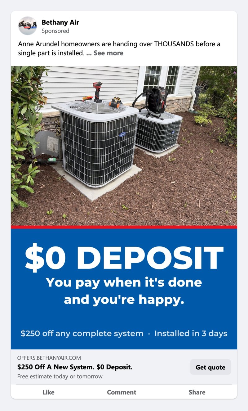 Facebook ad for Bethany Air