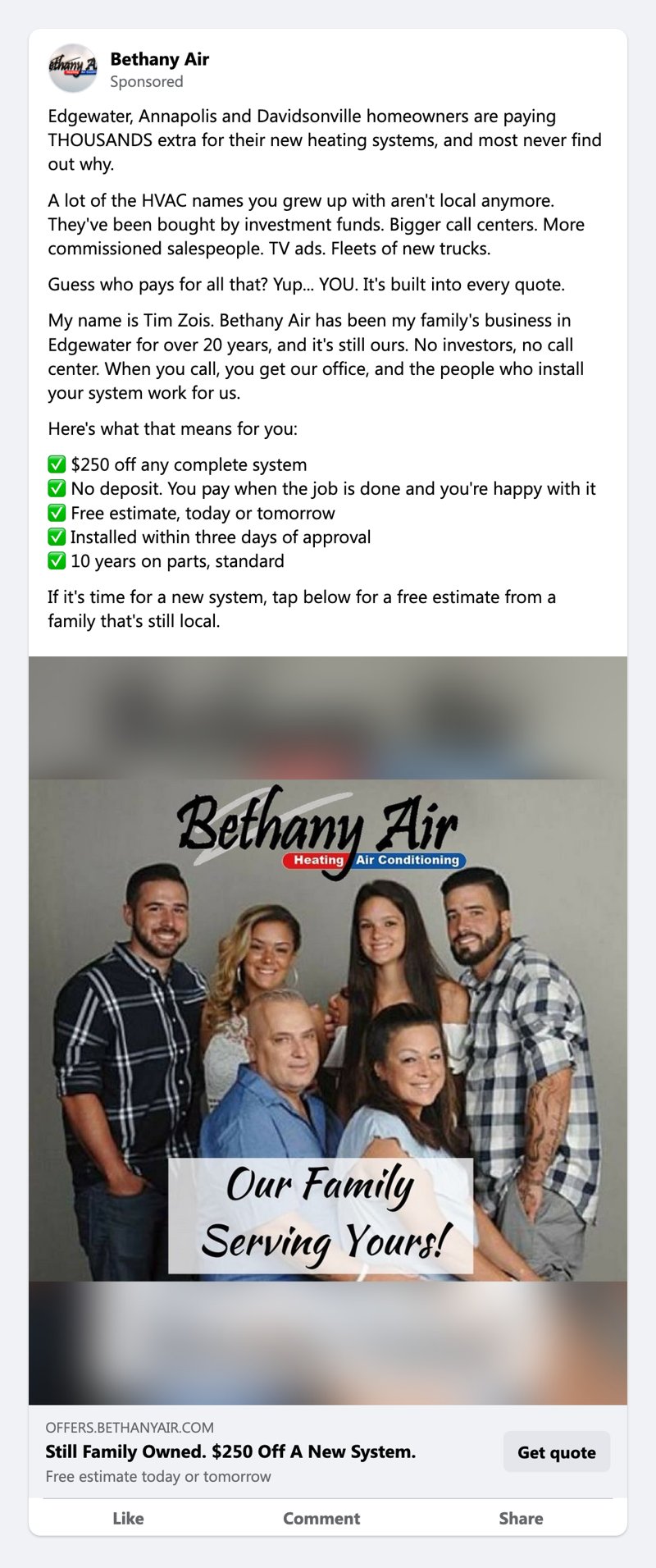 Facebook ad for Bethany Air