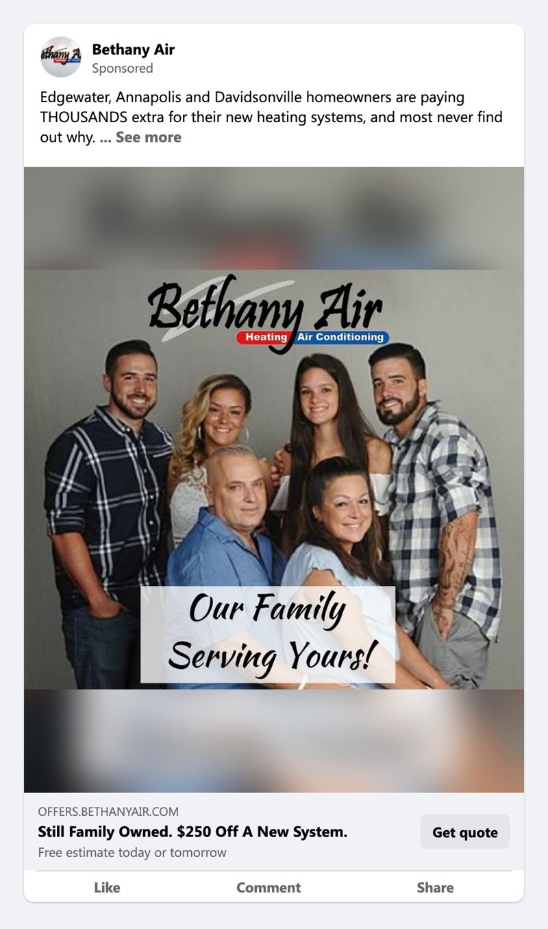 Facebook ad for Bethany Air