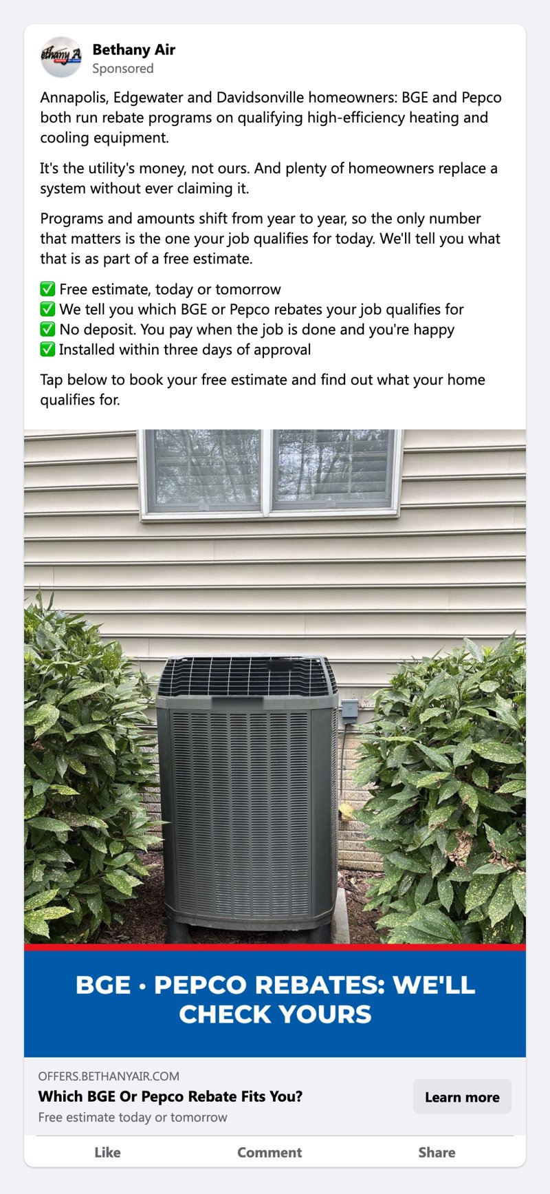 Facebook ad for Bethany Air