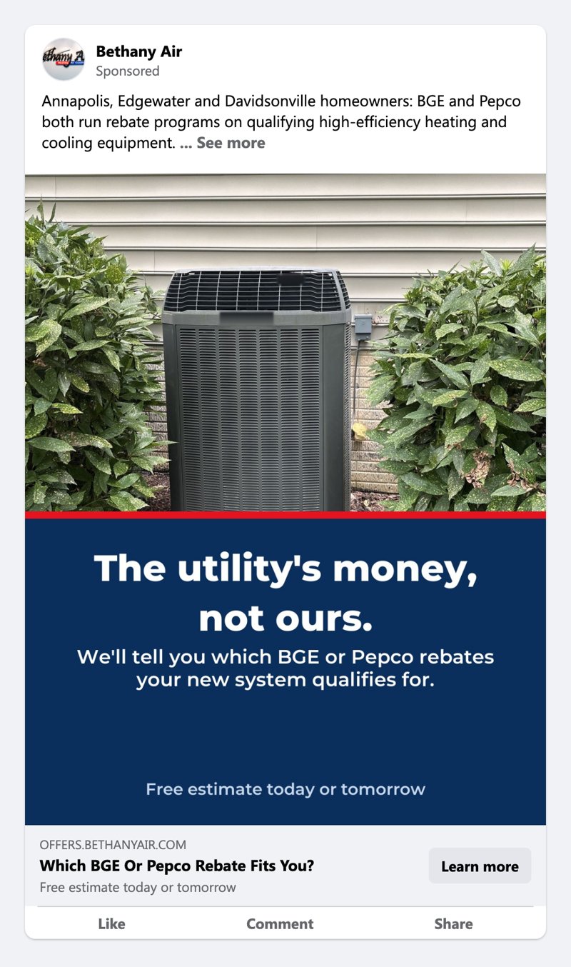 Facebook ad for Bethany Air