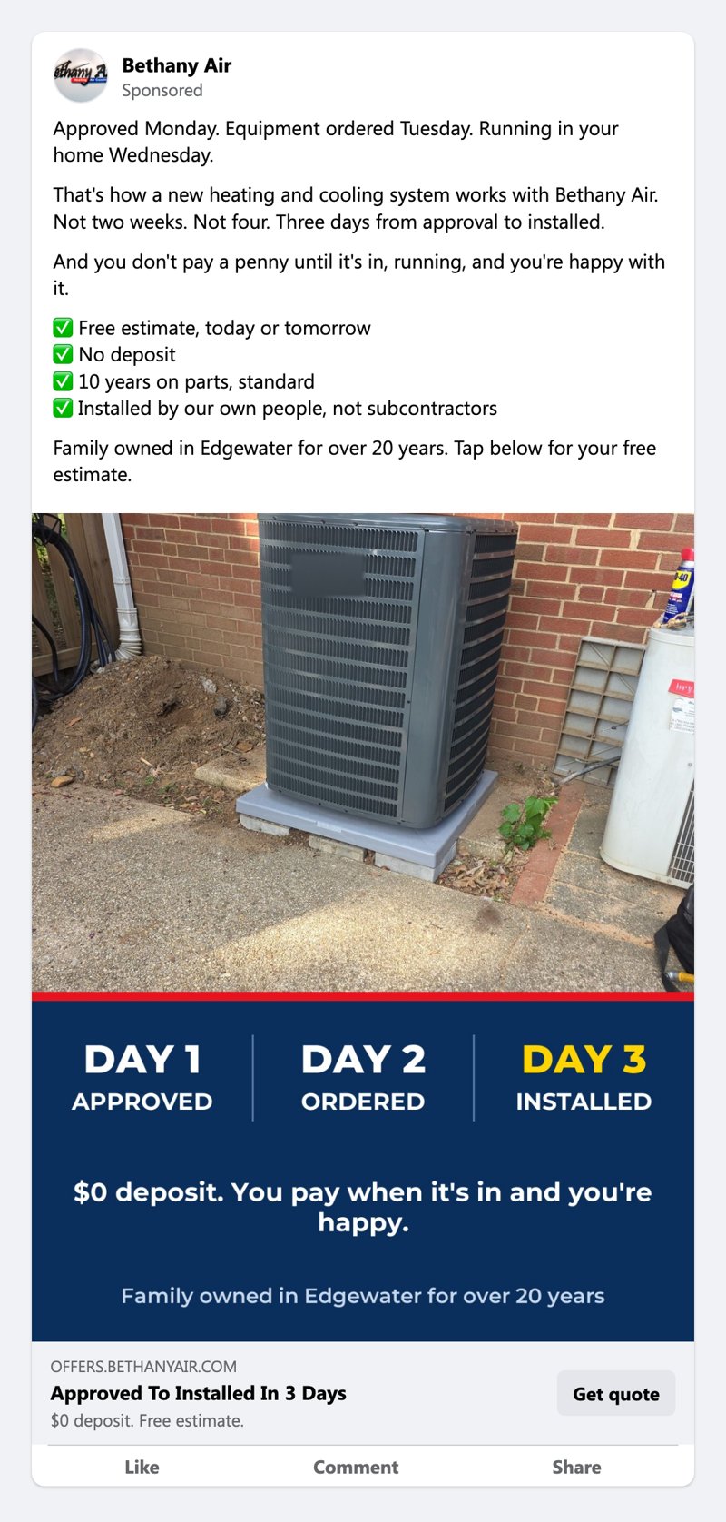 Facebook ad for Bethany Air