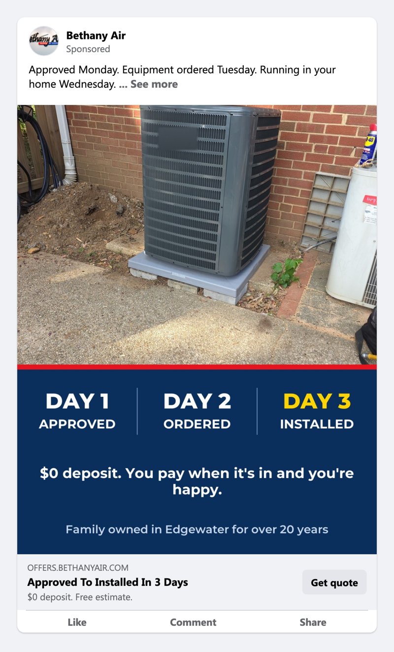 Facebook ad for Bethany Air