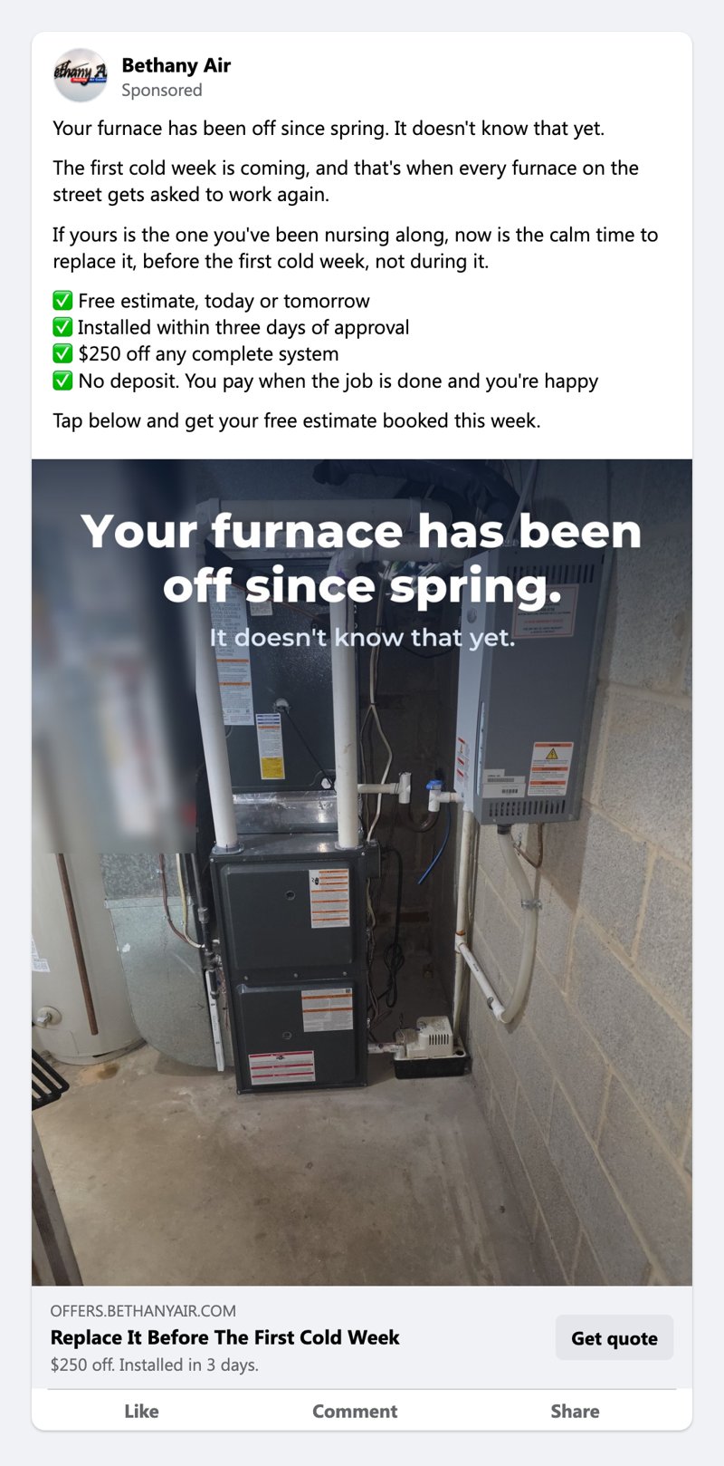 Facebook ad for Bethany Air