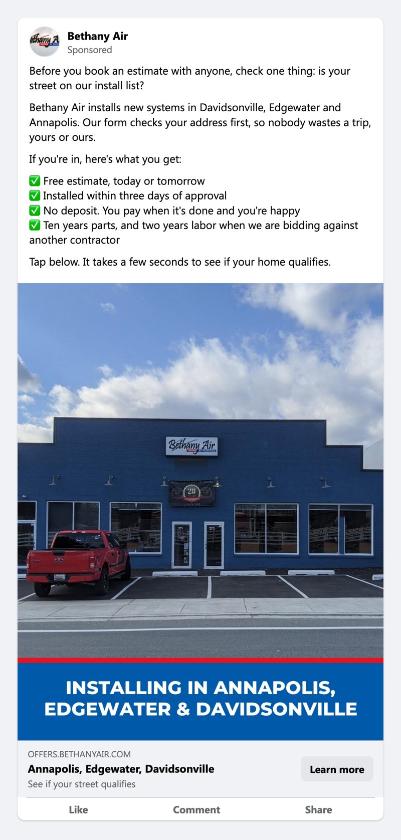 Facebook ad for Bethany Air