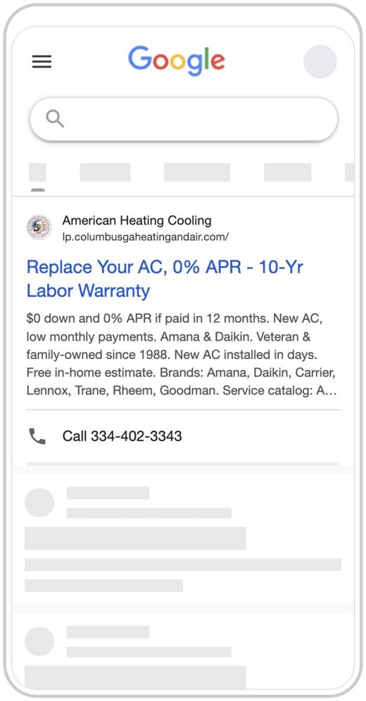 Google search ad preview, American Heating and Cooling