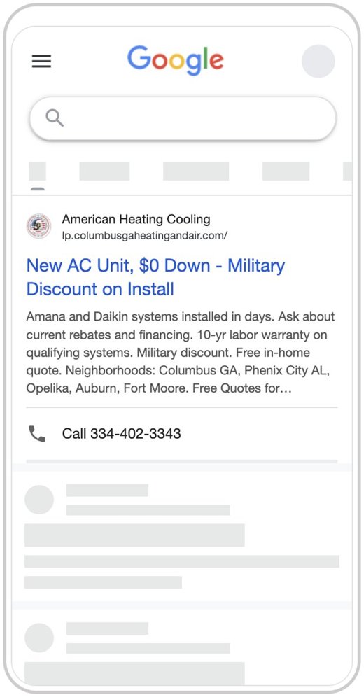 Google search ad preview, American Heating and Cooling