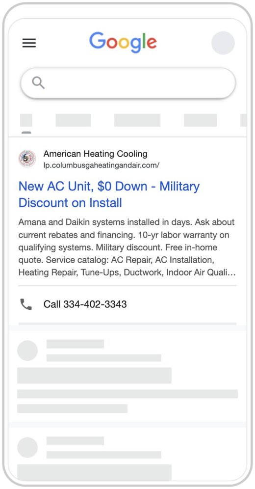 Google search ad preview, American Heating and Cooling
