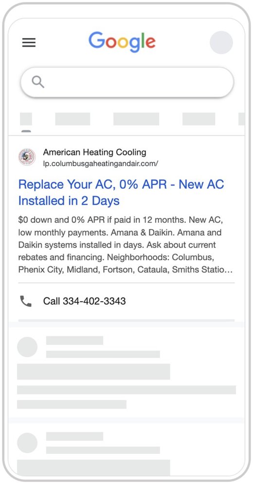 Google search ad preview, American Heating and Cooling