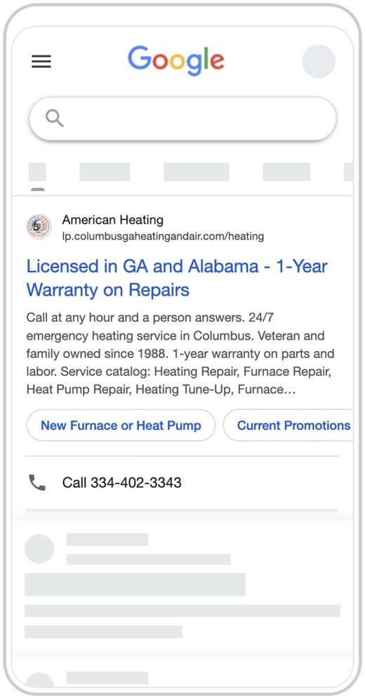 Google search ad preview, American Heating and Cooling