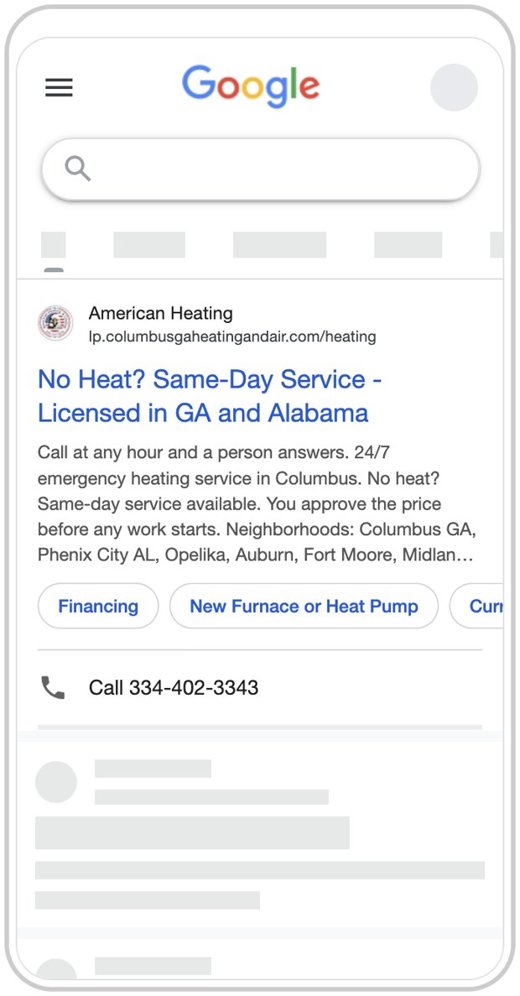 Google search ad preview, American Heating and Cooling