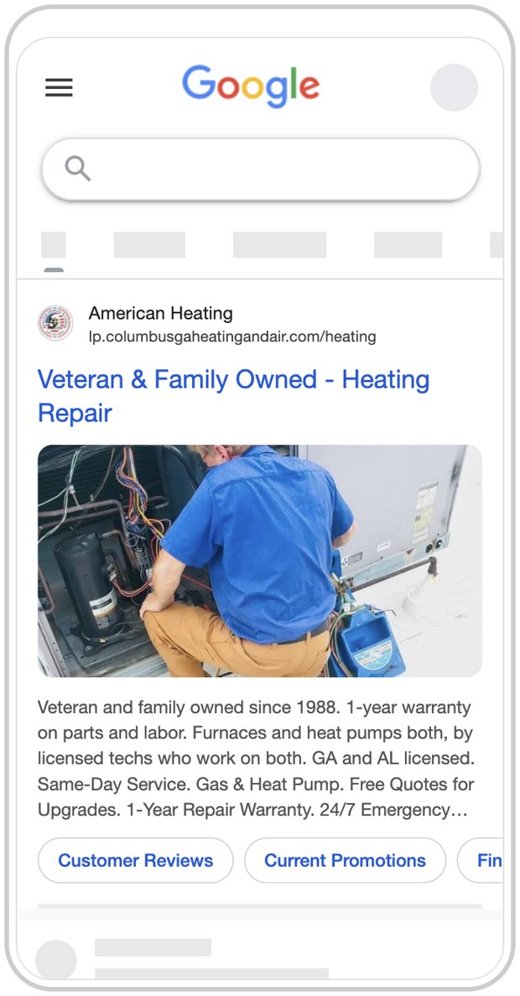 Google search ad preview, American Heating and Cooling