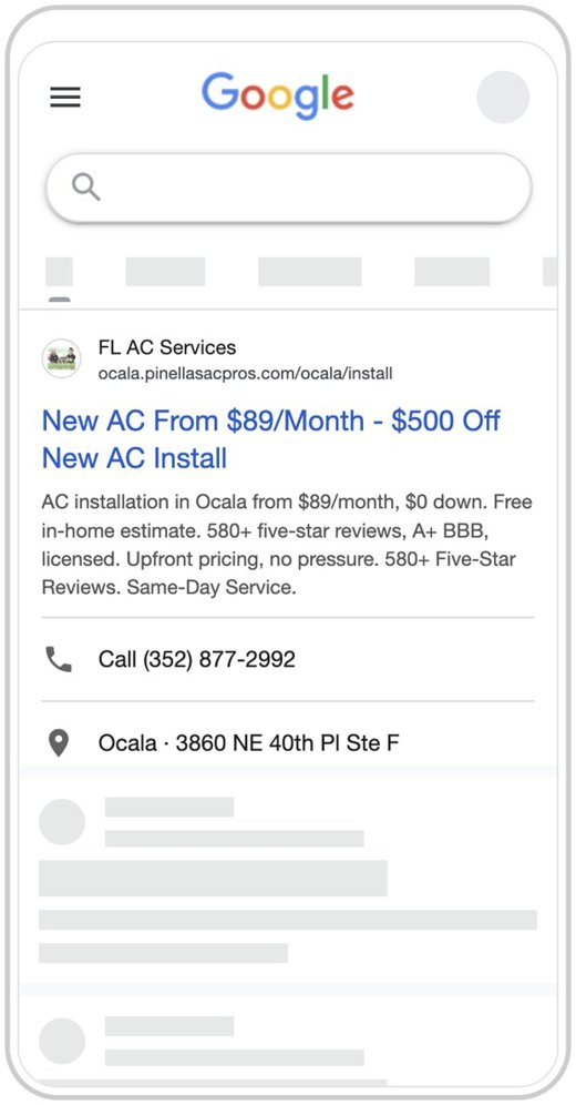 Google search ad preview, Pinellas AC Pros