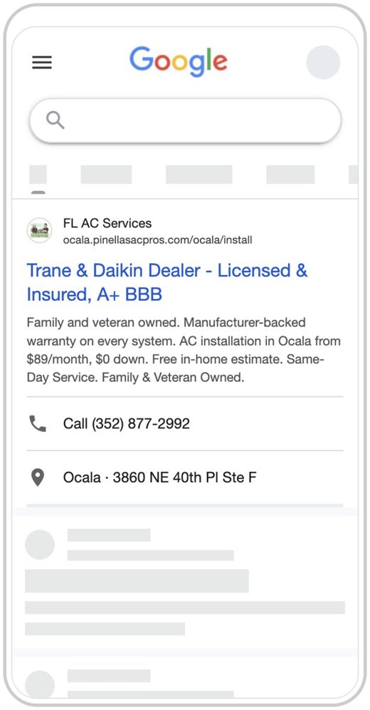 Google search ad preview, Pinellas AC Pros