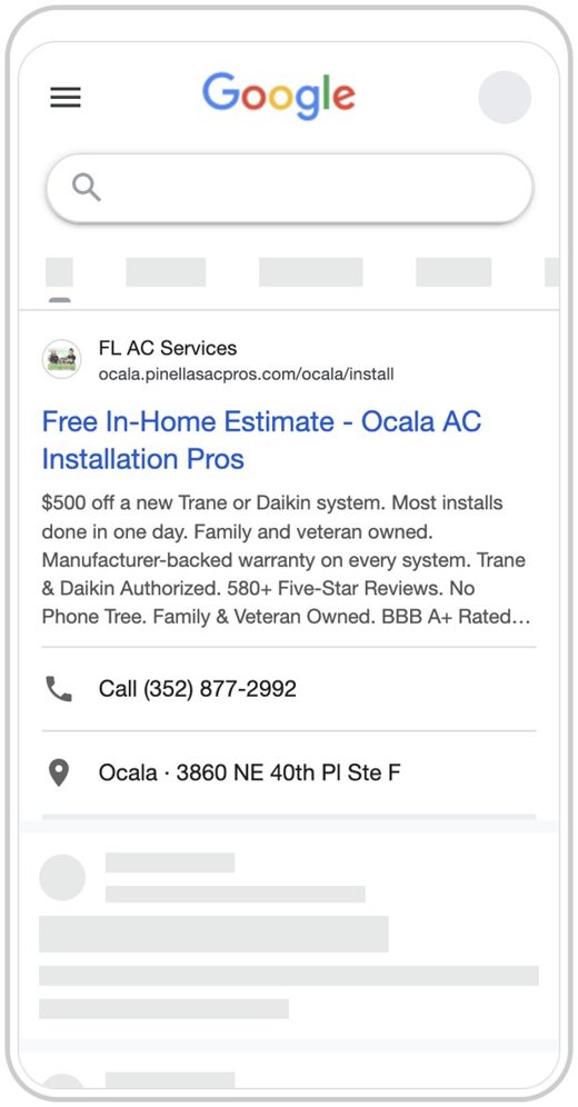 Google search ad preview, Pinellas AC Pros