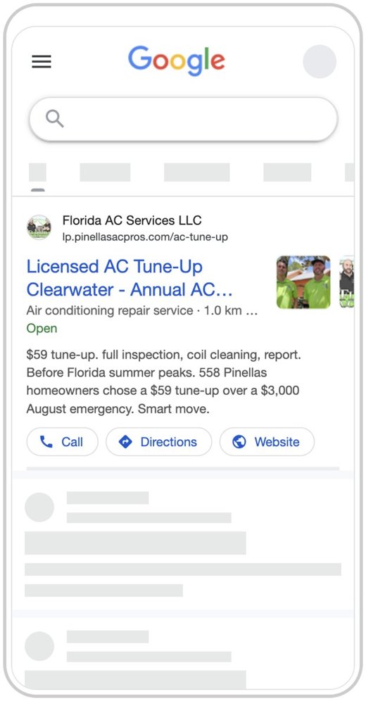 Google search ad preview, Pinellas AC Pros