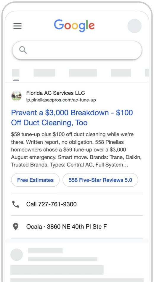 Google search ad preview, Pinellas AC Pros