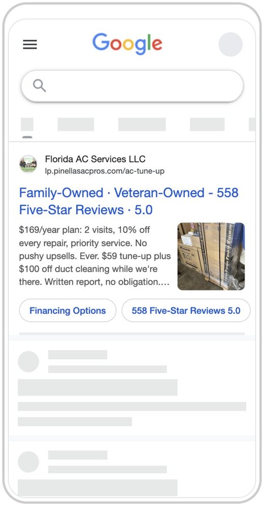 Google search ad preview, Pinellas AC Pros
