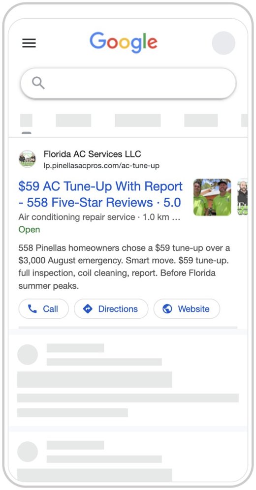 Google search ad preview, Pinellas AC Pros