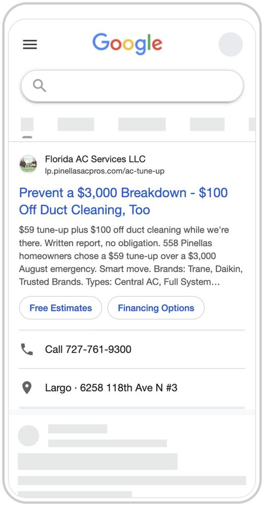 Google search ad preview, Pinellas AC Pros