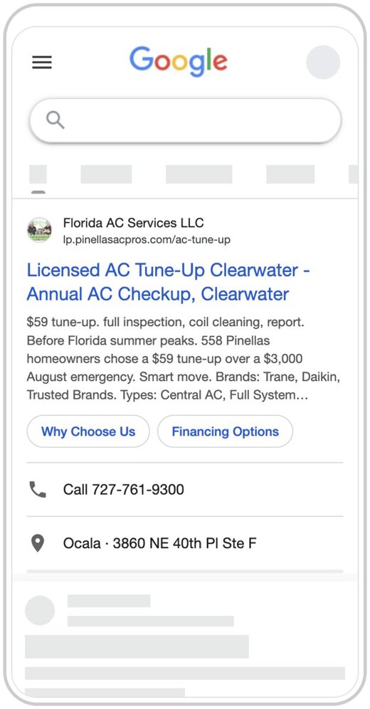 Google search ad preview, Pinellas AC Pros