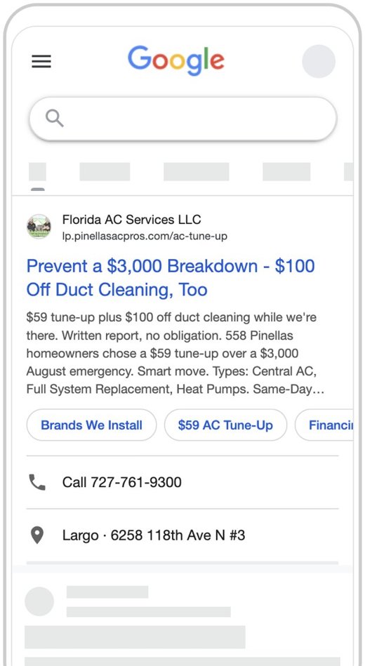 Google search ad preview, Pinellas AC Pros