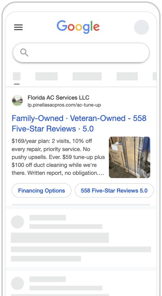 Google search ad preview, Pinellas AC Pros