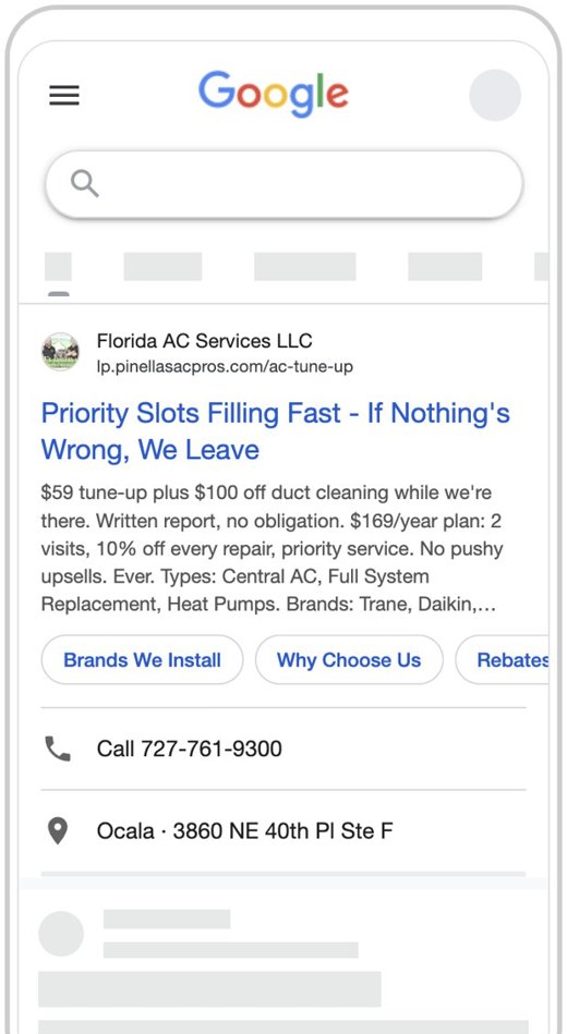 Google search ad preview, Pinellas AC Pros
