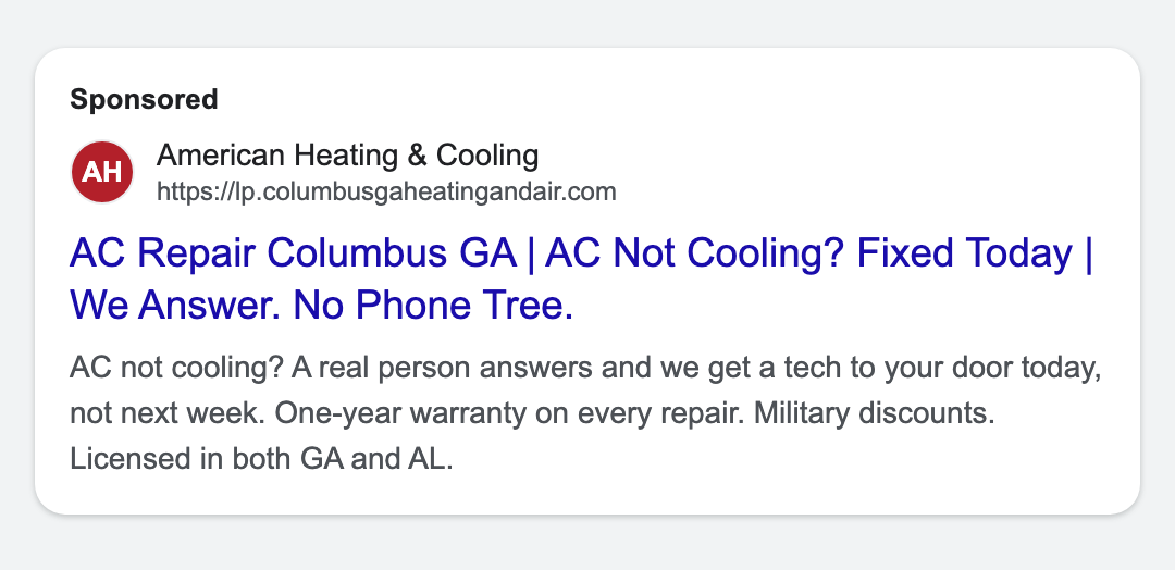 Google search ad for American Heating and Cooling, AC repair