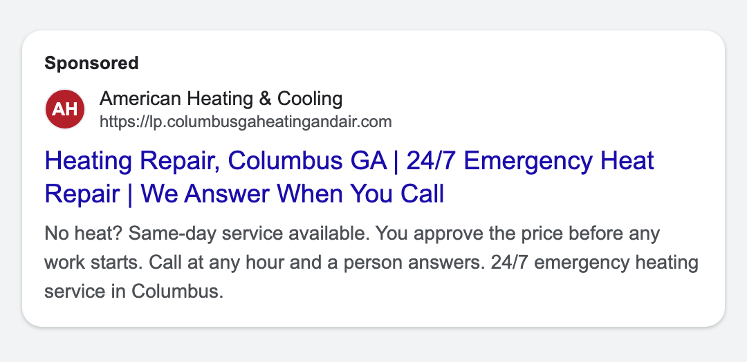 Google search ad for American Heating and Cooling, Heating repair, 24/7 emergency