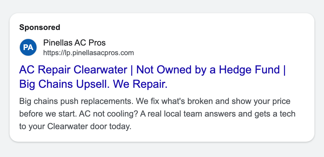 Google search ad for Pinellas AC Pros, AC repair