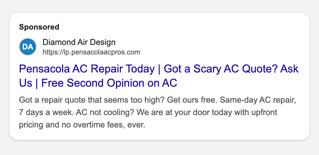 Google search ad for Diamond Air Design, AC repair, second opinion