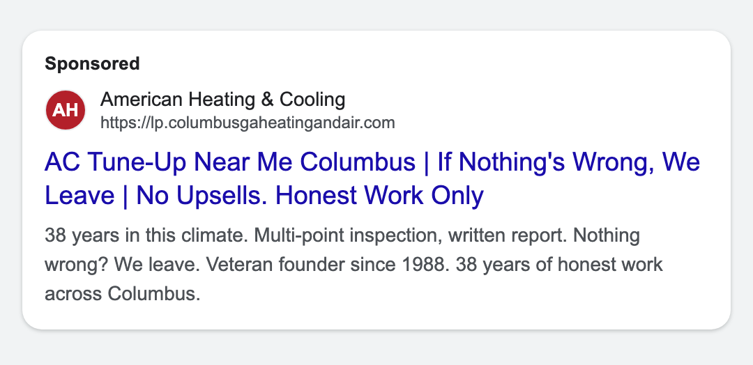 Google search ad for American Heating and Cooling, Maintenance, tune-up