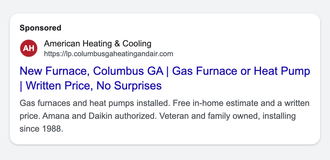 Google search ad for American Heating and Cooling, Furnace replacement