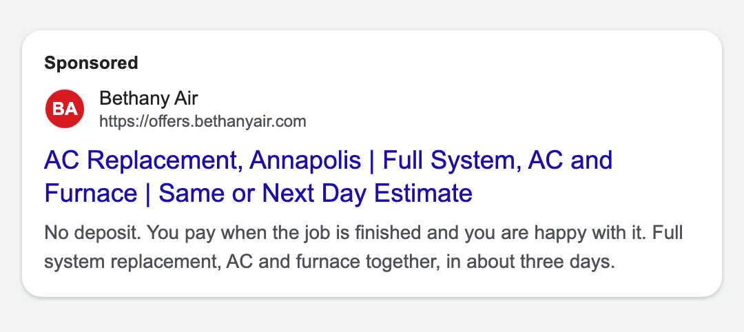 Google search ad for Bethany Air, AC and full system replacement