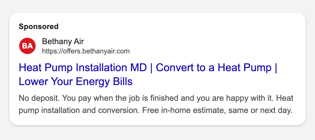 Google search ad for Bethany Air, Heat pump installation